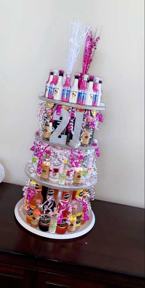 21st Birthday Keepsake Ideas, 18th Birthday Alcohol Gift Ideas, Spring 21st Birthday Party, 21st Birthday Gift Wrapping Ideas, 21st Birthday Drink Tower, 21st Birthday Alcohol Cake Tower, 21sr Birthday Gifts For Her, 21st Alcohol Tower, 21st Birthday Alcohol Basket