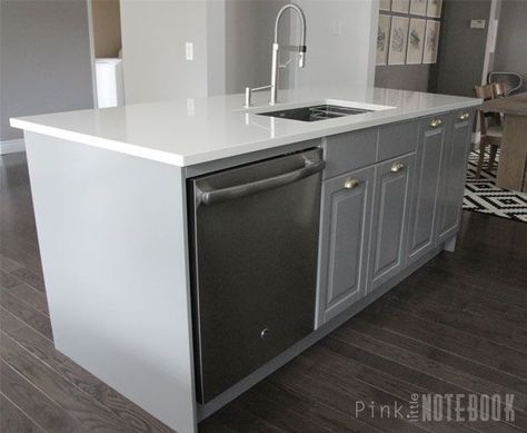 Creating a custom Ikea kitchen island Kitchen Island With Sink And Dishwasher, Sink And Dishwasher, Island With Sink, Island Sink, Ikea Island, Armoire Ikea, Modern Grey Kitchen, Kitchen Island With Sink, Unique Kitchen Design