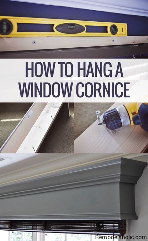 This adds so much to a window without having to frame the whole thing. Bedrooms? Large living room window?  How to build and hang a window cornice that will NOT budge! @Remodelaholic Window Valance Box, Window Cornice Diy, Window Valences, Wood Valances For Windows, Wooden Cornice, Cornice Box, Window Cornice, Wood Cornice, Wood Valance