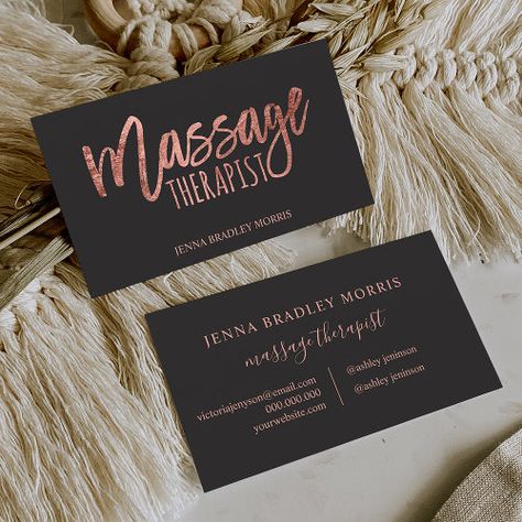 $27.40 | Modern massage therapist script rose gold foil #modern, massage therapist, rose gold foil, gray, chic, script, calligraphy, girly trend, luxury, spa Massage Business Cards Ideas, Massage Room Colors, Massage Business Cards, Massage Therapy Business Cards, Gold Foil Business Card, Massage Therapy Quotes, Therapy Rooms, Spa Business Cards, Massage Therapy Rooms