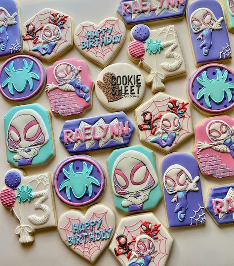 Ghost Spider is just too cool/fun/cute🤩💜🩵💖🕸️🕷️ • • • #ghostspidercookies #spideycookies #spidermancookies #birthdaycookies… | Instagram Ghost Spider Cake Pops, Ghost Spider Birthday Party Food, Ghost Spider Cookies, Spidey And His Amazing Friends Cookies, Ghost Spider Party, Ghost Spider Birthday Party, Friends Cookies, Spiderman Cookies, Spider Party