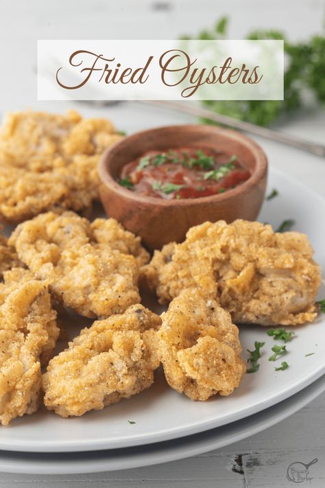 Our fried oysters are crispy and a little spicy on the outside and moist on the inside. They're perfect for snacking on by themselves or for tossing on a po'boy! Fried Oysters Southern, Fried Oysters In Air Fryer, Fried Oysters Easy, Fried Oyster Recipes, Fried Oysters Recipe, Oysters Recipes, Crab Cocktail, Deep Fried Oysters, Clam Pasta