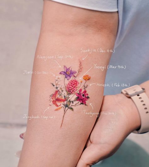 Love Tattoos For Women Words, Matching 4 Tattoos, Rm Wild Flower Tattoo Ideas, Smeraldo Flower Tattoo, Yoongi Inspired Tattoo, Bts Flower Tattoo, Bts Related Tattoos, Yoongi Flower, Bts Tattoo Minimalist