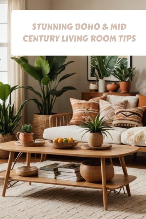 Boho and mid-century modern living room with plants and wooden furniture. Boho Mid Century Living Room, Organic Mid Century, Mid Century Boho Living Room, Kitchen Flooring Trends, Eclectic Inspiration, Kitchen Tile Inspiration, Ensuite Bathroom Designs, Industrial Chic Kitchen, Rustic Industrial Kitchen