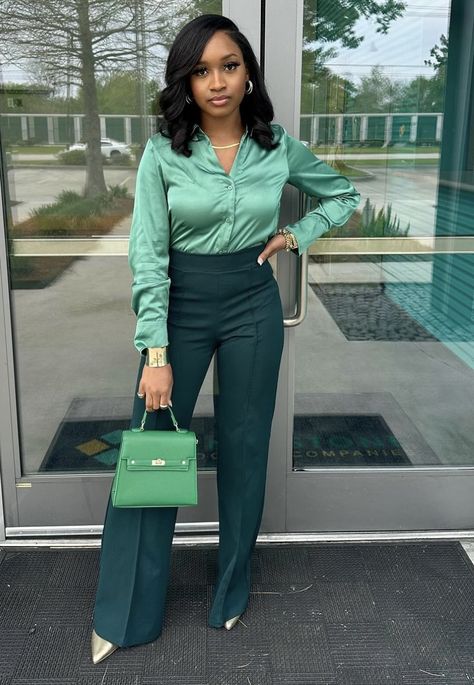 Classy Outfits For Women Black, Cute Professional Outfits Women, Official Wear For Ladies Classy Pants, Holiday Luncheon Outfit Work, Green Office Outfits Women, Personal Banker Outfit, Advocate Outfits Women, Monochromatic Office Outfit, Quirky Business Casual Outfits