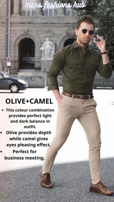 Green Shirt Beige Pants Men, Men Outfit With Green Pants, Olive Green Mens Outfits, Brown Khaki Pants Outfit Men, Beige Pants Outfit Men Formal, Khaki Pants Outfit Men Formal, Olive Outfit Men, Green Chinos Outfit Men, Beige Pants Outfit Men