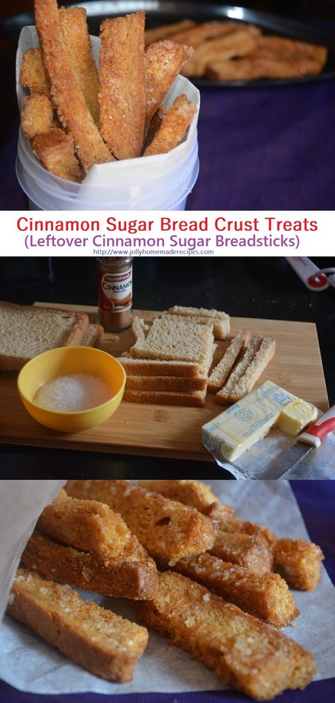 Cinnamon Sugar Bread Crust Treats, Leftover Cinnamon Sugar Breadsticks Recipe | Homemade Recipes What To Do With Crust From Bread, Leftover Bread Recipes Desserts, Bread Ends What To Do With, Bread Scraps Recipes, What To Do With Leftover Bread Crust, What To Do With Bread Crust, Recipes To Use Up Bread, Recipes Using Sliced Bread, Bread Crust Ideas Leftover