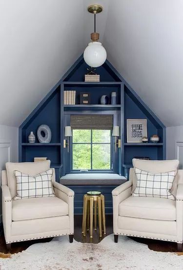 Small Attic Ideas, Attic Room Ideas, Small Attics, Transitional Home Office, Attic Library, Attic Office, Slanted Walls, Attic Ideas, Attic Loft