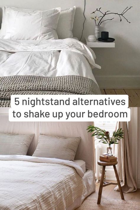 Bed Without Nightstand Ideas, Night Stand On One Side Of Bed, Bed With No Nightstand, Alternative To Bedside Table, Nightstand On One Side Of Bed, Mismatched Bedside Table Ideas, Bed Without Nightstand, End Tables Bedroom Nightstand Ideas, Alternative To Nightstand