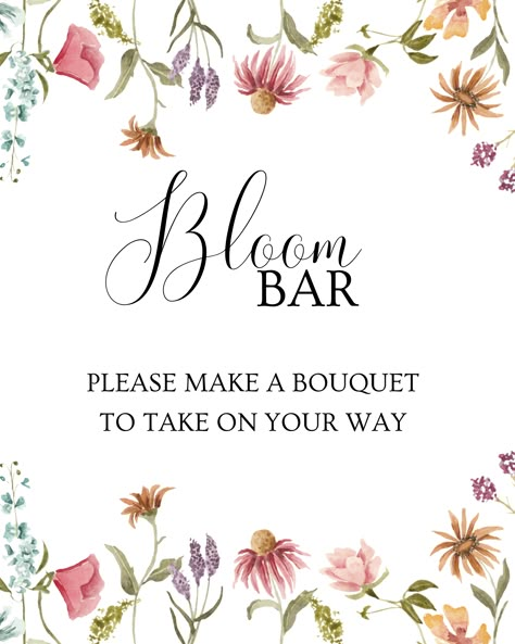 Wild Flower Baby Shower Ideas, Girly Baby Shower Themes, Flower Arranging Party, Flower Bar Sign, Baby Shower Reveal Ideas, Garden Themed Party, Baby Shower Baby In Bloom, Wild Baby Shower, Let Love Bloom