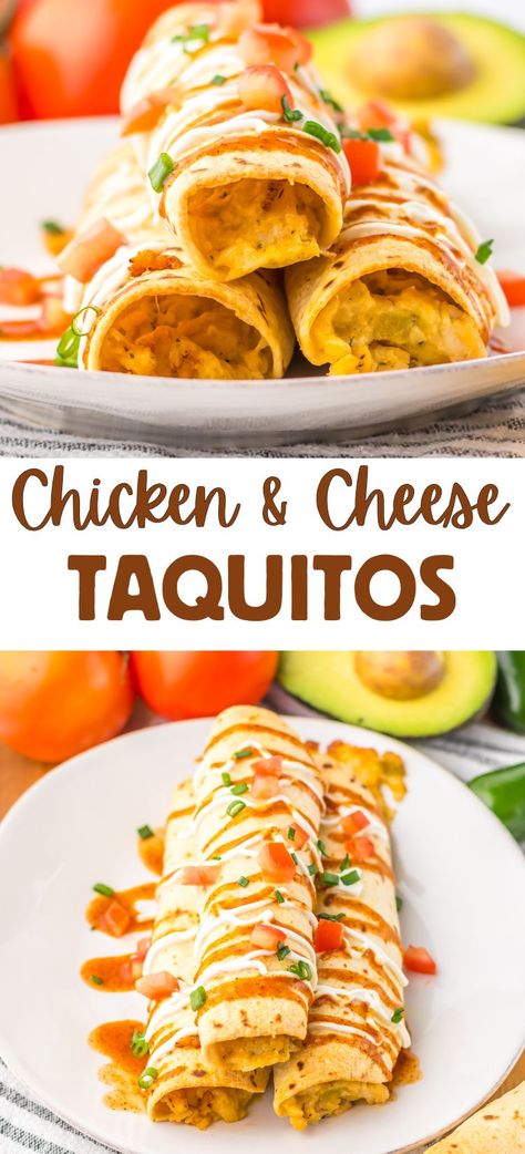 Chicken and Cheese Taquitos are a delicious easy dinner recipe. Tender chicken is mixed with green salsa, spices and cheese, then rolled up and baked. The perfect weeknight dinner made with simple ingredients. Best Chicken Taquitos Recipe, Mexican Taquitos Chicken, High Protein Taquitos, Homemade Taquitos Chicken, Salsa Spices, Spicy Chicken Taquitos, Easy Taquitos, Chicken And Cheese Taquitos, Cream Cheese Chicken Taquitos