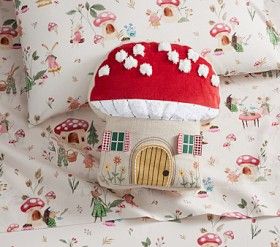 Woodland Playroom Decor, Mushroom Nursery Ideas, Gnome Nursery Theme, Whimsical Boys Room, Strawberry Pillow Pattern, Mushroom Bedding, Fairytale Mushroom, Fairytale Room, Shuttered Windows