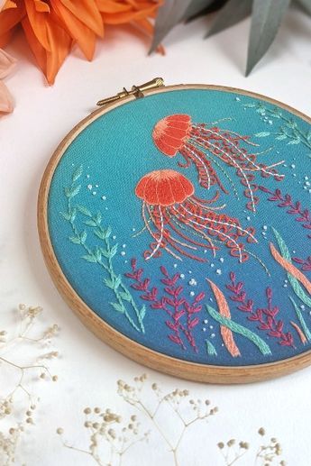 Loved stitching these magical swirling jellyfish! #deepseaembroidery #handembroidery #embroidery Embroidery Ocean Patterns, Sea Animals Embroidery, Embroidery Sea Life, Ocean Embroidery Patterns, Under The Sea Embroidery, Jellyfish Embroidery, Doodle Stitching, Ocean Embroidery, Sea Embroidery