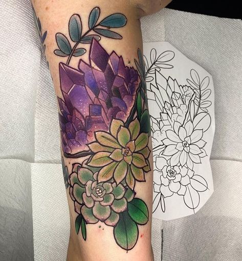 Geode Tattoo, Amethyst Tattoo, Crystal Tattoo Ideas, Crystal Tattoos, Succulent Tattoo, Crystal Mandala, Mushroom Crystal, Crystal Tattoo, Crystal Geode