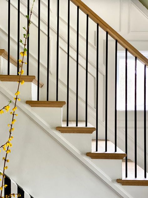 Transitional Staircase, Indoor Railing, Oak Handrail, Stair Balusters, Staircase Railing Design, Traditional Staircase, Iron Stair Railing, House Staircase, Staircase Makeover