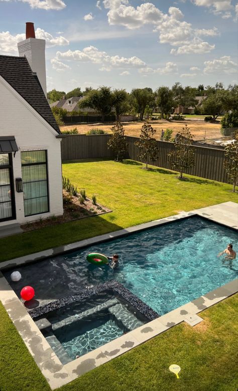 Pool Ideas Inground Rectangle, Pool In Large Backyard, Small Pool Sloped Backyard, Pool On Side Of House Backyards, Small Rectangle Pools For Small Yards, Narrow Pool Side Of House, Square Pool Ideas Backyards, Inground Pool Ideas Backyards, Small Rectangle Pool