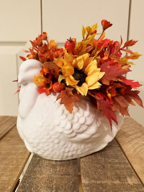 Turkey Vase Centerpiece, Diy Turkey Centerpieces Thanksgiving, Thanksgiving Pumpkin Flower Arrangements, Turkey Flower Arrangement, Thanksgiving Floral Centerpieces Michaels Stores, Turkey Floral Arrangement, Thanksgiving Flowers, Fall Floral Arrangements, Turkey Feathers