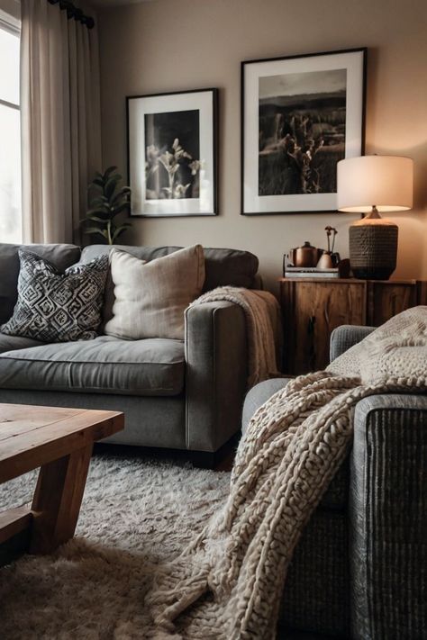 Small Fall Living Room, Warming Up A Grey Living Room, Family Room Small Space, Cosy Apartment Ideas, How To Make Living Room Cozy, Country Modern Living Room, Cozy House Bedroom, Cozy Moody Living Room, Cosy Minimalism