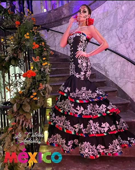 La Catrina Dress, Dia De Los Muertos Dresses For Women, Mexican Wedding Dress Traditional, Mexican Prom Dress, Mariachi Dress, Catrina Dress, Mexican Fancy Dress, Catrina Costume, Mexico Dress