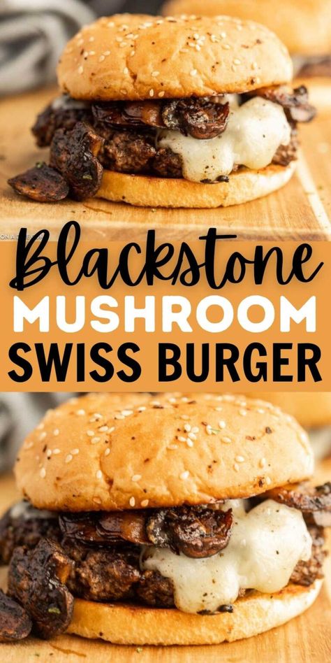 Blackstone Mushroom Swiss Burger Recipe - grillonadime.com Mushroom And Swiss Burger, Mushroom And Swiss, Swiss Burger, Outdoor Griddle Recipes, Griddle Cooking Recipes, Mushroom Swiss Burger, Beef Mushroom, Outdoor Cooking Recipes, Cooking Stone