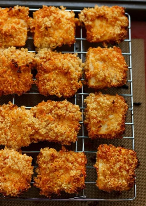 Quinoa Crusted Tofu Nuggets (Tofu Chicken Nuggets!) #tofu Tofu Chicken Nuggets, Crusted Tofu, Tofu Nuggets, Tofu Chicken, Nuggets Recipe, Tofu Dishes, Think Food, Tofu Recipes, Meatless Meals