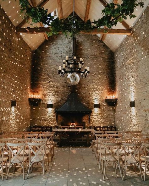 Mirror ball disco vibes for this awesome wedding ceremony set up, complete with soft ambient light, at rustic barn wedding venue, Stone Barn in Gloucestershire. Butterflied Leg Of Lamb, Disco Ball Wedding, Barn Wedding Ceremony, Cotswold Stone, Disco Vibes, Wedding Venues Uk, Ball Wedding, Stone Barns, Rustic Wedding Venues