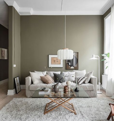 Sage Green Living Room, Olive Green Walls, Scandinavian Apartment, Green Home Decor, Living Room Green, Scandinavian Decor, Bedroom Green, Wallpaper Living Room, Living Room Inspo