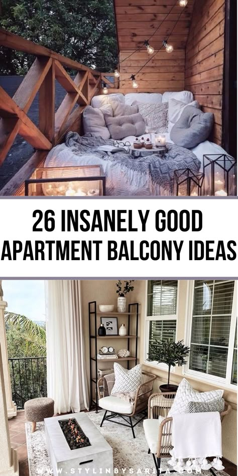 Balcony ideas Decorating Ideas For Balcony, String Lights On Apartment Balcony, Small Balcony Lounge Ideas, Hygge Balcony Ideas, Outdoor Balcony Furniture Ideas, Cozy Patio Ideas Apartments, Outdoor Balcony Decorating Ideas, Diy Apartment Balcony Ideas, Balcony Bed Ideas