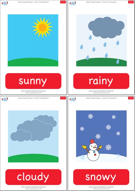 How’s The Weather? Flashcards | Super Simple Weather Prek, Weather Flashcards, Kindergarten Esl, Weather Song, Free Flashcards, Body Preschool, Weather Vocabulary, Weather Cards, Classroom Songs