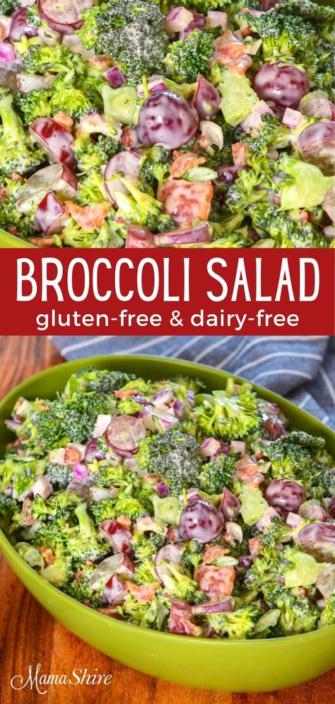 You'll love this easy to make broccoli salad with grapes. With red onions and bacon added this salad is bursting with flavor. Healthy and delicious! Gluten-free and dairy-free. #broccolisalad #broccolisaladwithgrapes #broccoliwithbacon #glutenfreedairyfree Broccoli Salad With Grapes, Creamy Broccoli Salad Recipe, Dairy Free Thanksgiving, Creamy Broccoli Salad, Salad Recipes Gluten Free, Salad With Grapes, Healthy Broccoli Salad, Dairy Free Appetizers, Dairy Free Salads