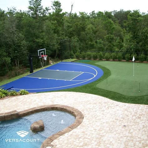 Custom Size Small Backyard Basketball Court Pool And Basketball Court Small Backyard, Home Outdoor Basketball Court, Basketball Court Backyard Landscaping, Pool And Sport Court Backyard, Backyard Basketball Court And Pool, Multisport Court Backyard, Basketball Court In Backyard, Garage With Basketball Court, Backyard Sports Court And Pool