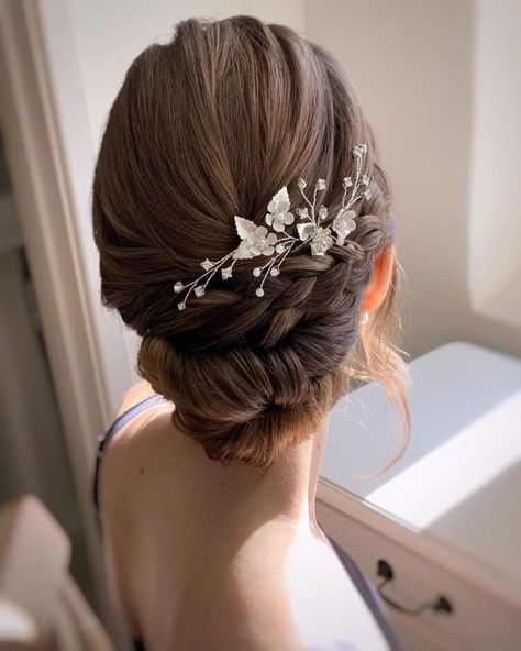 Chic Wedding Guest Updo with Hairpiece Braids Low Bun, Updos With Braids, Wedding Guest Updo, Medium Length Wedding Hairstyles, Braids Wedding, Hairstyles For 2023, Bridal Hairstylist, Loose Updo, Wedding Hairstyles Medium Length