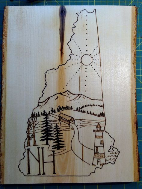 New Hampshire woodburned plaque basswood live edge woodburning New Hampshire Tattoo Ideas, New England Tattoo, New Hampshire Tattoo, England Tattoo, State Tattoos, Journal Stuff, Leg Tattoo, Fresh Start, Live Edge