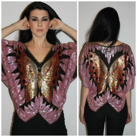 Vintage Sequin Butterfly Top 70s Disco Silk by PastLivesofNewYork, $62.00 Sequin Top Outfit, Sequins Top Outfit, Vintage Sequin Top, Sequin Butterfly, Glam Boho, Batwing Blouse, Float Like A Butterfly, Butterfly Blouse, Beaded Cardigan