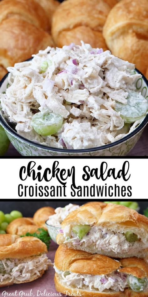 Chicken Salad Croissant Sandwiches are a creamy and delicious chicken salad recipe that is perfect for brunch, lunch, or mini appetizers. Crossiant Chicken Sandwich, Best Mini Sandwiches, Brunch Chicken Salad, Chicken Salad And Croissants, Chicken Salad Crossant Recipes, Costco Crossiant Sandwiches, Croissants Sandwiches Ideas, Mini Croissant Sandwiches Party, Chicken Salad Sandwich On Croissant