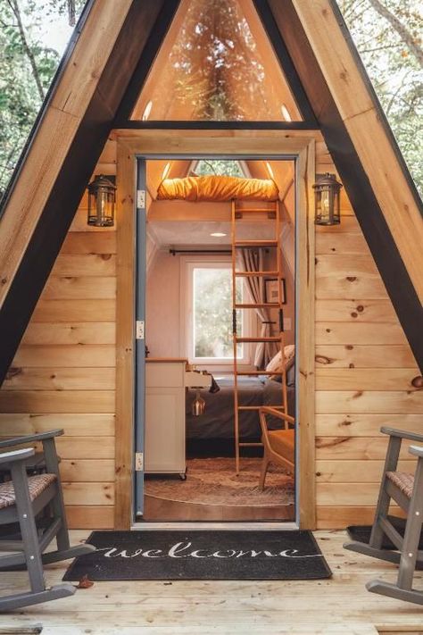 Blue Brambler Glamping A-Frame, Rockbridge (updated prices 2024) Small A Frame Cabin, Modern Cabin Plans, Ranch Living, Ranches Living, A Frame Cabin Plans, Airbnb Ideas, Metal Awning, Triangle House, Cabin Aesthetic