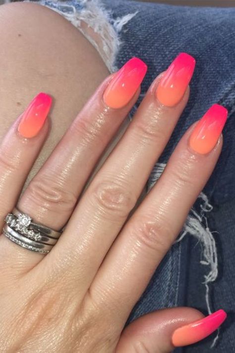 16 Orange Ombre Nails That Are Trendy In 2023 Ombre Nails Beach, Nails 2023 Trends Spring Ombre, Orang Ombre Nails, Coral And Pink Ombre Nails, Nails Fading Color, Sunset Ombre Nails Tequila Sunrise, Hombre Sunset Nails, Purple Orange Nails Ombre, Summer Ombre Acrylic Nails