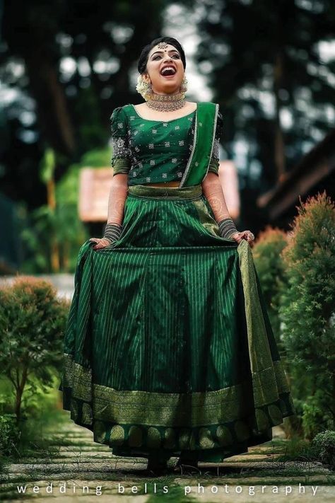 If you are looking for more such bridal lehengas in the hues of Green, head to our blog for more Ideas. Click on the link attached below.  #indianwedding #shaadisaga #intimatewedding #bridallehenga #bridalfashion #greenlehenga #pastelgreenlehenga #embroideredlehenga #weddinglehenga #indianweddingtrends Kerala Engagement Lehenga, Kerala Engagement Dress, South Indian Wedding Saree, South Indian Bride Saree, Engagement Lehenga, Lehenga Saree Design, Indian Outfits Lehenga, Wedding Lehenga Designs, Simple Engagement