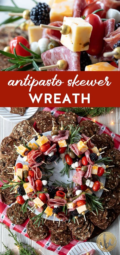 Looking for a holiday appetizer that doubles as a table centerpiece? Try this antipasto skewer wreath for a festive and flavorful start to your celebration. With a mix of cheeses, cured meat, and fresh veggies, it's a merry and bright addition to any holiday celebration. Wreath Appetizer, Best Christmas Dinner Recipes, Antipasto Kabobs, Best Christmas Appetizers, Christmas Appetizers Easy, Antipasto Skewers, New Year's Eve Appetizers, Skewer Appetizers, Christmas Cheese