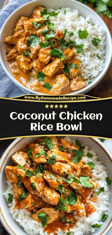 🥥 Transport your taste buds with this Coconut Chicken Rice Bowl! Creamy coconut rice topped with tender chicken and fresh veggies. A tropical twist on your usual rice bowl! #ricebowl #coconutrice #easydinner Ingredients: Chicken breast Coconut milk Jasmine rice Green onions Your new favorite rice bowl with a creamy coconut twist! 🌴✨ Coconut Chicken Rice, Easy Coconut Chicken, Coconut Stir Fry, Creamy Coconut Rice, Low Calorie Chicken Recipes, Creamy Coconut Sauce, Coconut Jasmine Rice, Creamy Coconut Chicken, Jasmine Rice Recipes