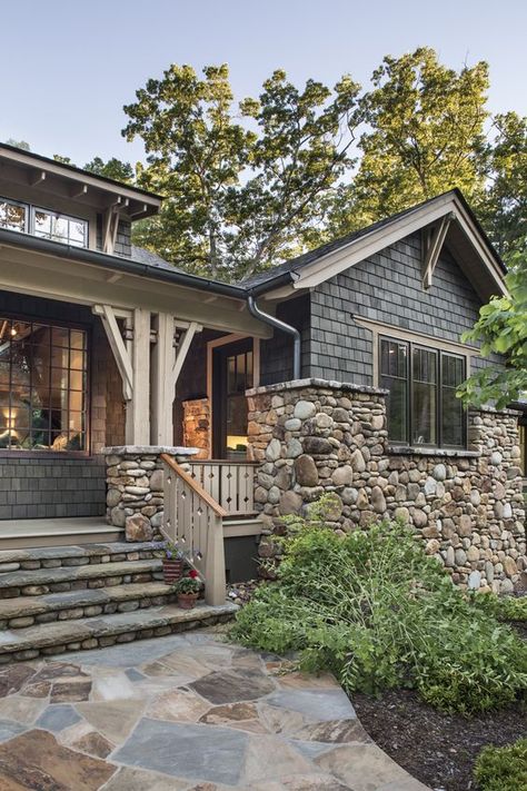 Rock House Exterior, Lake Houses Exterior, Craftsman Cottage, Custom Home Building, River Cabin, Shingle Exterior, Craftsman Exterior, Cabin Exterior, Tiles Bathroom