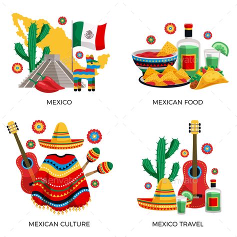 Mexico Culture Concept Mexican culture traditions food 4 colorful icons concept with cactus guitar ponc #Mexico, #Culture, #Concept Mexico Art Culture, Mexican Culture Food, Mexican Food Art, Mexico Icon, Mexico Culture Art, Mexico Drawing, Taco Logo, Mexican Icons, Cactus Mexico