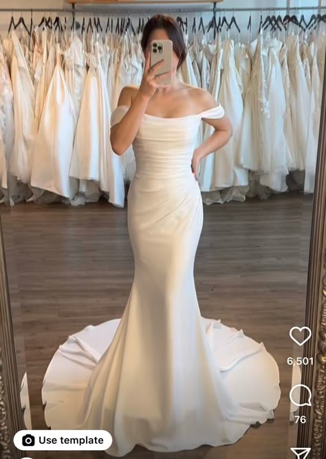 Off The Shoulder Form Fitting Wedding Dress, Allure Bridal Off The Shoulder, Off The Shoulder White Wedding Dress, Off The Shoulder Wedding Dress Form Fitting, Ruched Wedding Dress Fit And Flare, Off The Shoulder Plain Wedding Dress, Gathered Wedding Dress, Satin Bardot Wedding Dress, Fitted Off The Shoulder Wedding Dress