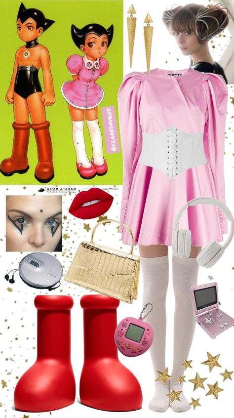 A Shoplook board using an image of Astro Boy and Astro Girl as inspiration. Astro Girl wears a pink dress, white knee high socks and red shoes. The outfit styled beside it features a pink dress with puff sleeves, a white corset belt, white knee high socks, a gold handbag, the Astro Boy boots, gold triangular long dangles, sci fi inspired hair and makeup, white headphones, and various 90s electronics. The background is white with gold glitter and stars. Astro Boots Outfit, Big Red Boots Outfit, Astro Boots, Big Red Boots, Red Boots Outfit, Boy Boots, Outfit Inspired, Astro Boy, Red Boots