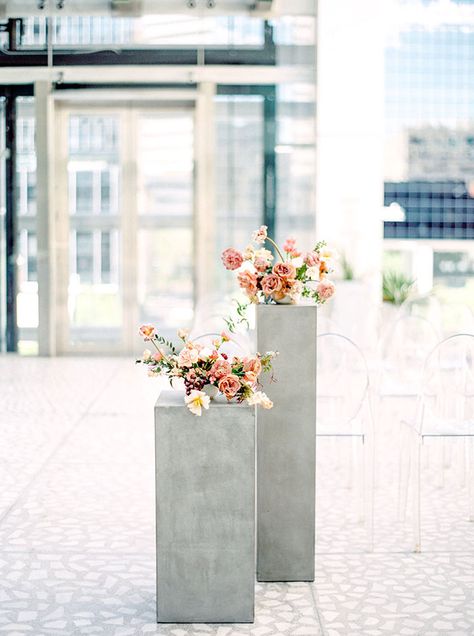 Concrete Wedding Centerpieces, Concrete Wedding Decor, Industrial Reception Design, Organic Industrial, Wedding Booth, Concrete Wedding, Industrial Wedding Decor, Wedding Sides, Ceremony Aisle