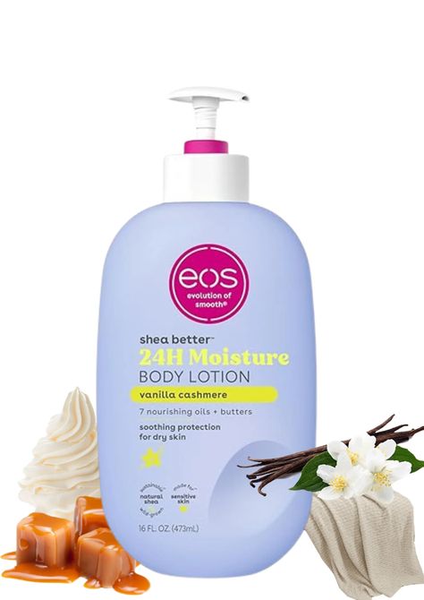 EOS Vanilla Body Lotion is a rich, hydrating lotion that nourishes and moisturizes the skin with natural ingredients like shea butter, avocado oil, and aloe. Its creamy texture absorbs quickly without leaving a greasy residue, and the warm vanilla scent lingers softly. The sleek, soft-touch bottle makes it easy to apply and perfect for daily use. Eos Vanilla Cashmere Lotion Layering, Eos Vanilla, Cashmere Scent, Eos Lotion, Vanilla Body Lotion, Vanilla Scents, Vanilla Cashmere, Eos Products, Vanilla Scent