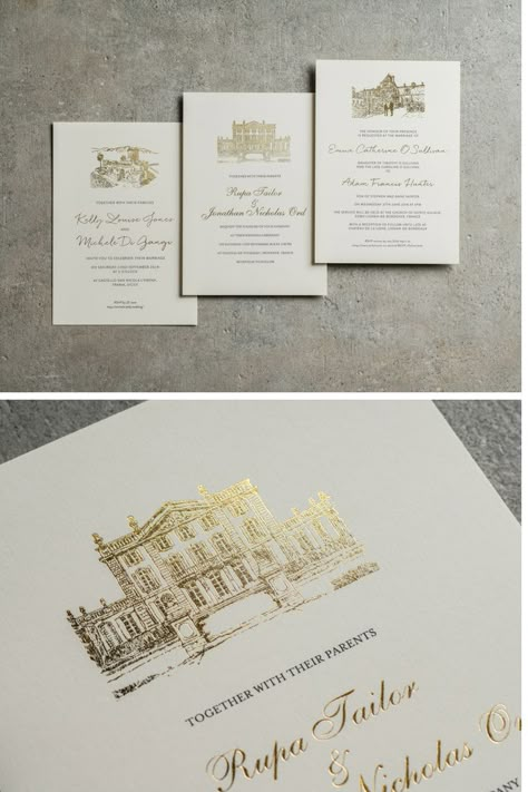 Getting married in a historic castle? Or a beautiful exotic destination? Why not celebrate you wedding venue choice by featuring it on your wedding invitations in sparkling gold foil. We’ll illustrate and foil print it in our sketched style. Historical Castle, Ancient Castle, Gold Foil Wedding Invitations, Wedding Table Names, Trendy Wedding Invitations, Party Place, Name Place Cards, Gold Foil Wedding, Foil Wedding Invitations