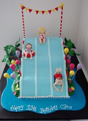 Water Park Cake Water Slide Cake Ideas, Water Park Birthday Cake, Water Slide Cake, Water Park Cake, Waterpark Cake, Waterslide Cake, Roller Coaster Cake, Pool Cakes, Waterslide Party