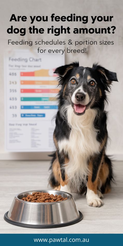 A photo of a dog sitting next to a full food bowl. The dog has its eyes wide open and is looking excitedly at the camera. There is a feeding chart
in the background with the text "Are You Feeding your dog the Right Amount?". The subtext reads "Feeding Schedules & Portion Sizes for Every Breed!". Food Recommendations, Portion Sizes, Dog Nutrition, Best Dog Food, Dog Feeding, High Quality Food, Senior Dog, Healthy Treats, Healthy Happy