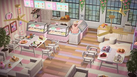 Acnh Sanrio Cafe, Cafe Animal Crossing, Acnh Cafe Interior, Acnh Coffee Shop Designs, Cafe Interior Design Animal Crossing, Acnh Sweets Shop, Acnh Pastry Shop, Animal Crossing Restaurant Ideas, Animal Crossing Cafe Ideas